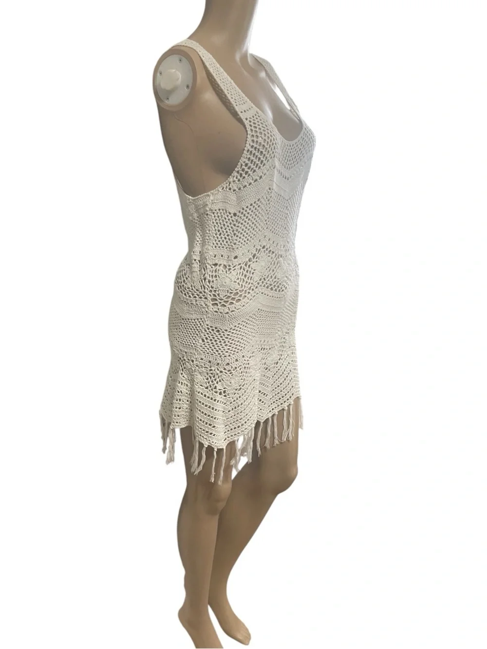 Crochet mini dress fringe swim coverup - Picture 7 of 16